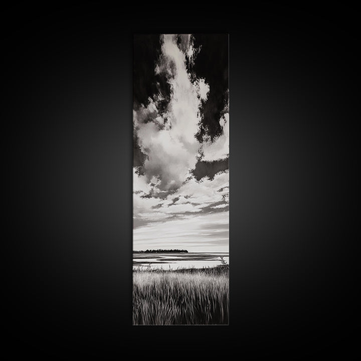 Black and White Sky, Cloudscape Wall Art, Minimalist Artwork, Nature Landscape Painting, Office or Bedroom Decor, Framed Canvas Print