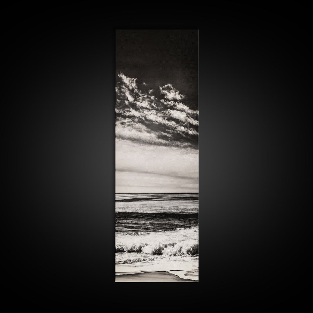 Ocean Horizon, Black and White, Cloudy Sky, Canvas Print, Coastal Wall Art, Minimalist Seascape, Modern Living Room Decor, Nautical Art