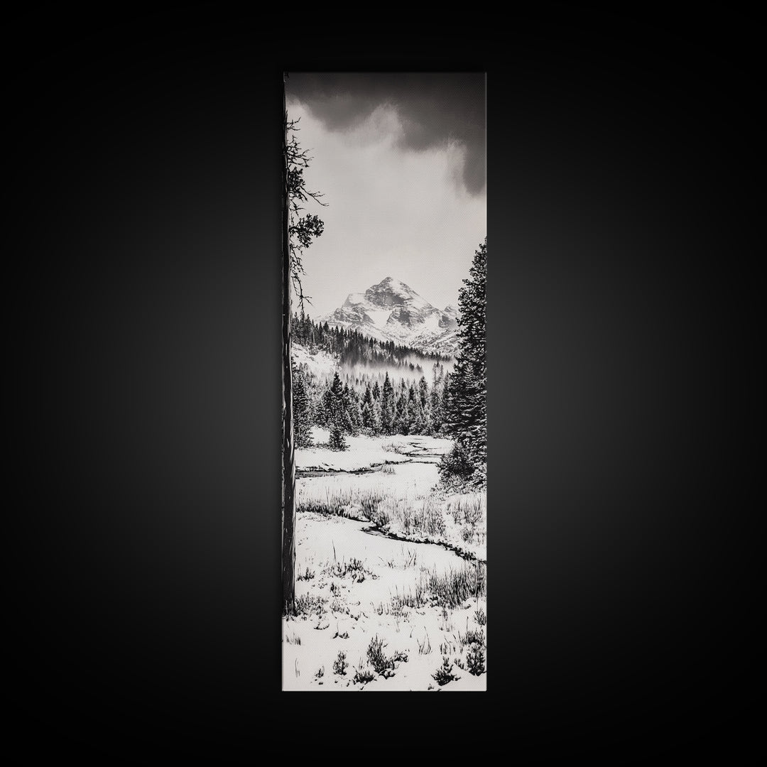Winter Landscape, Snowy Mountains, Canvas Print, Black and White Photography, Rustic Home Decor, Cozy Cabin Wall Art, Nature Photography