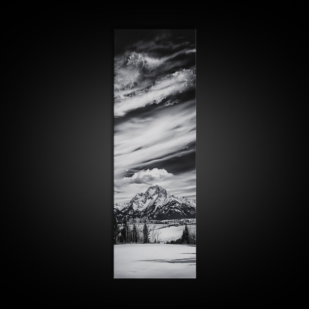 Majestic, Mountain, Black and White, Framed Canvas Print, Sky Photography, Minimalist Wall Art, Home Office Decor, Living Room Artwork