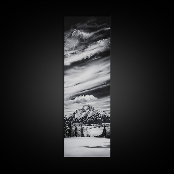 Majestic, Mountain, Black and White, Framed Canvas Print, Sky Photography, Minimalist Wall Art, Home Office Decor, Living Room Artwork