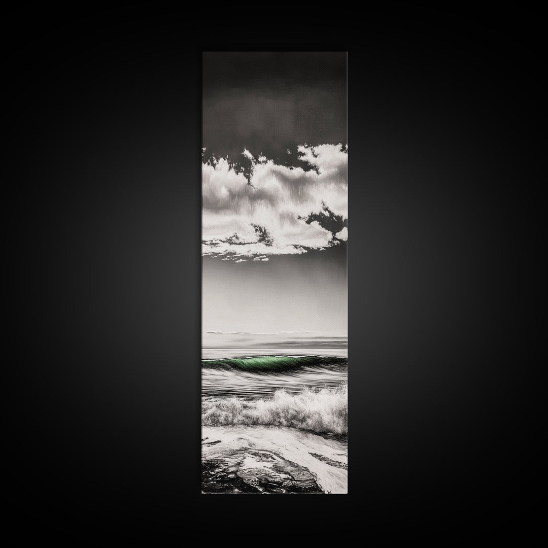 Coastal Waves, Black and White, Green Wave, Framed Canvas Print, Modern Beach Wall Art, Minimalist Ocean Decor, Living Room Art