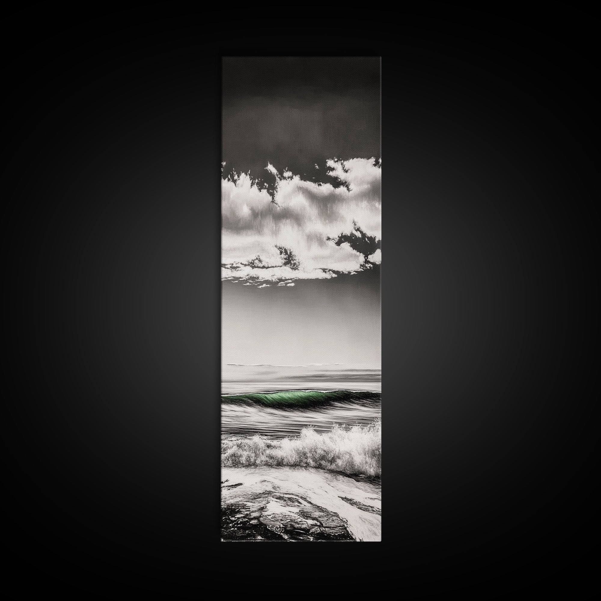 Coastal Waves, Black and White, Green Wave, Framed Canvas Print, Modern Beach Wall Art, Minimalist Ocean Decor, Living Room Art