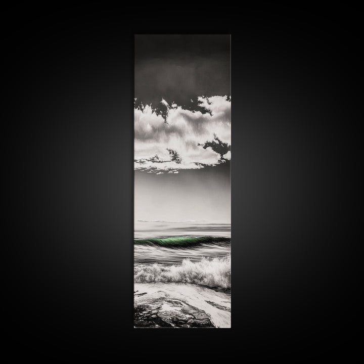 Coastal Waves, Black and White, Green Wave, Framed Canvas Print, Modern Beach Wall Art, Minimalist Ocean Decor, Living Room Art