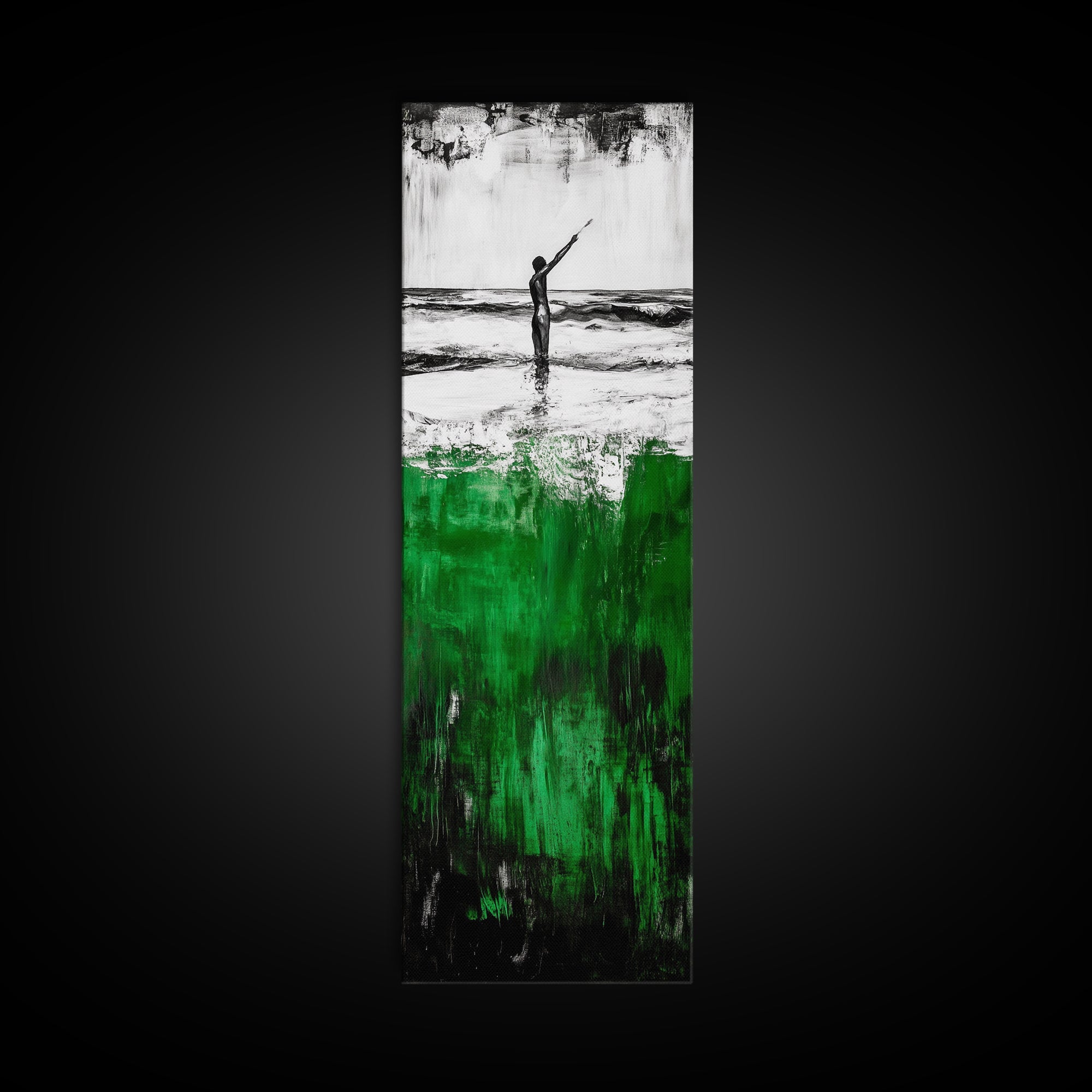 Abstract Ocean, Surreal Water, Green and Black, Framed Canvas Print, Coastal Minimalist Art, Modern Beach Wall Decor, Office Art