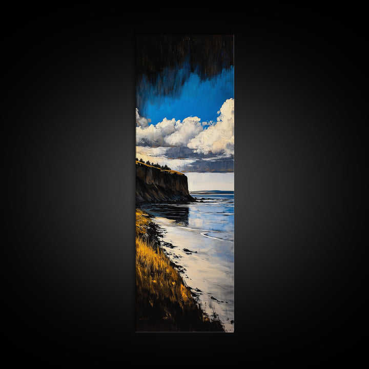 Coastal Cliff Art, Seaside Landscape Painting, Ocean View Wall Decor, Nature Home Design, Relaxing Beach Scene, Framed Canvas Print