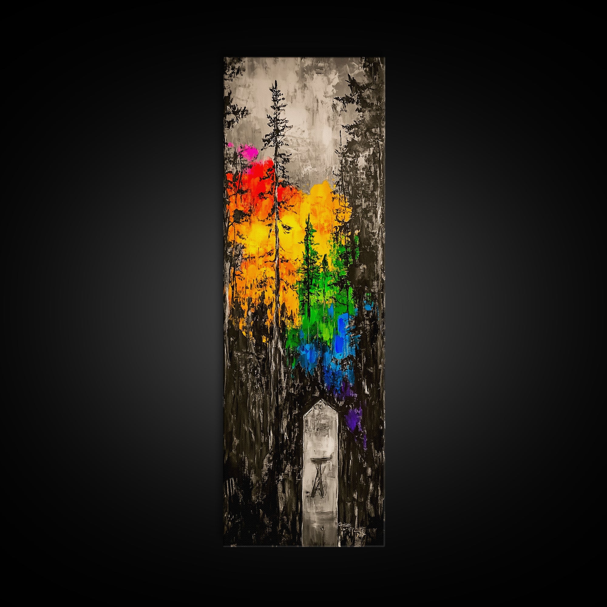 Rainbow Forest, Abstract Trees, Dark Woodland, Canvas Print, Vibrant Nature Art, Boho Home Decor, Fall Wall Artwork