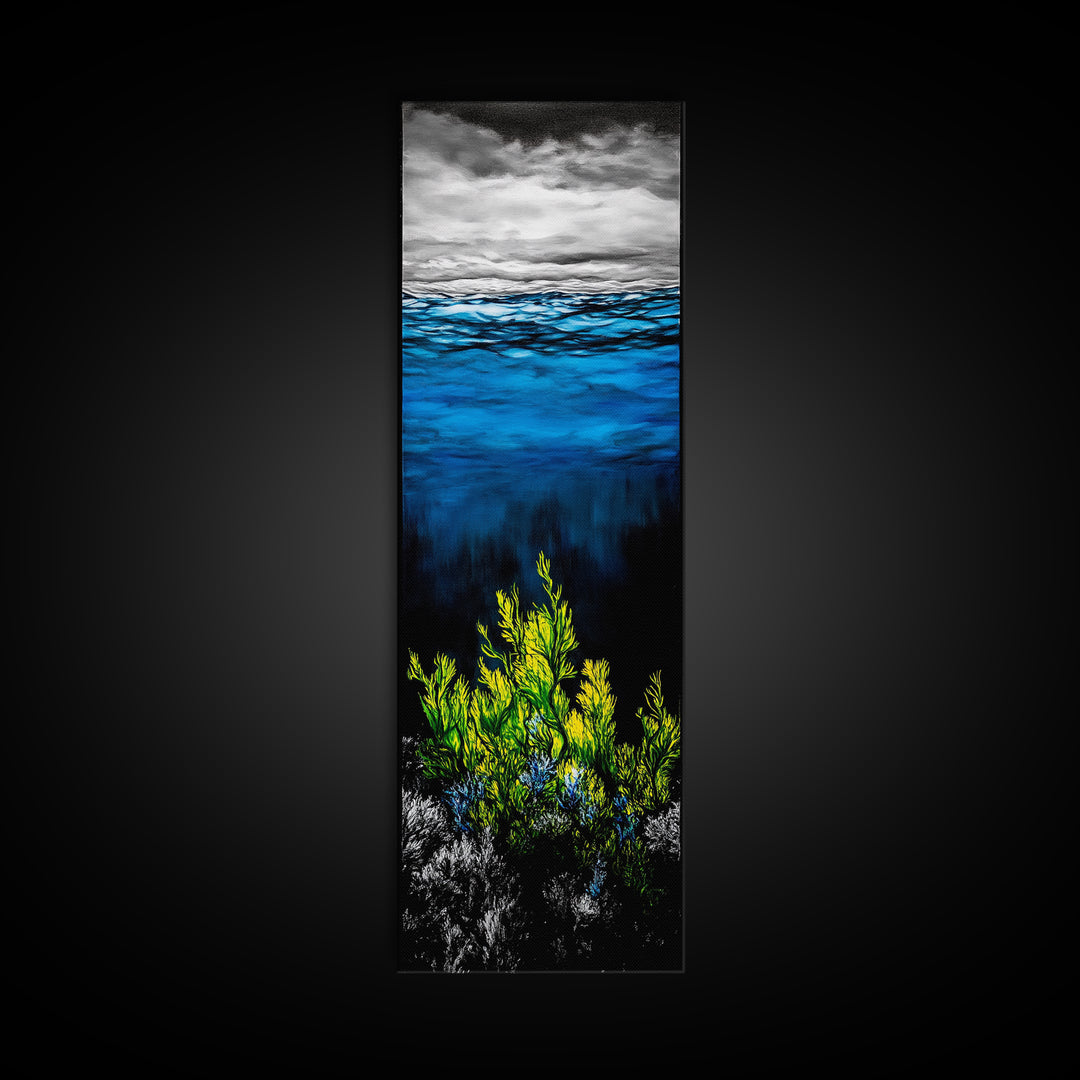 Deep Sea, Blue Water, Ocean Waves, Underwater Scene, Framed Canvas Print, Nautical Wall Art, Bathroom Art, Coastal Home Decor