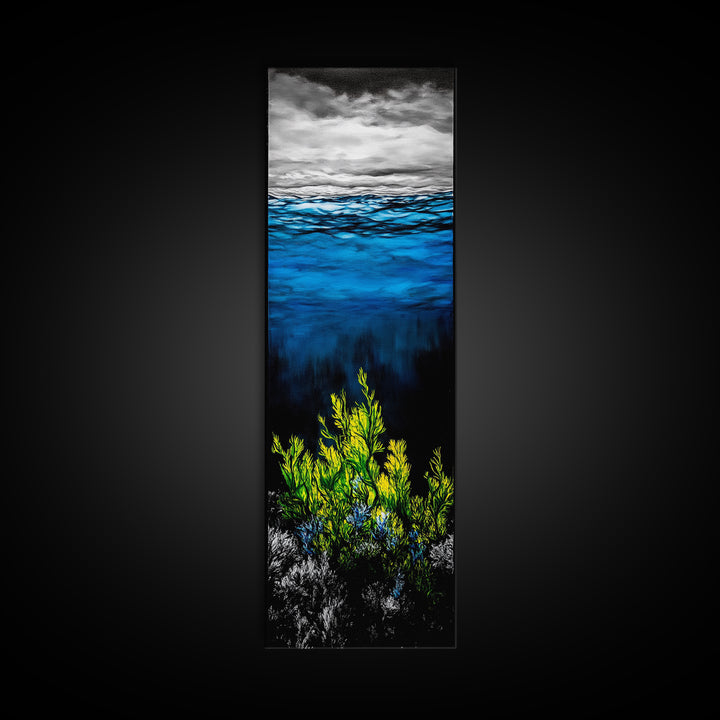 Deep Sea, Blue Water, Ocean Waves, Underwater Scene, Framed Canvas Print, Nautical Wall Art, Bathroom Art, Coastal Home Decor