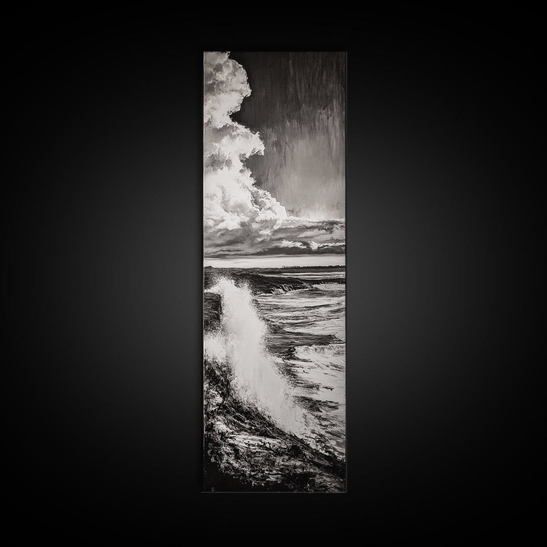 Ocean Power, Wave Crash, Coastal Landscape, Dramatic Seascape, Framed Canvas Print, Black and White Wall Art, Beach House Decor