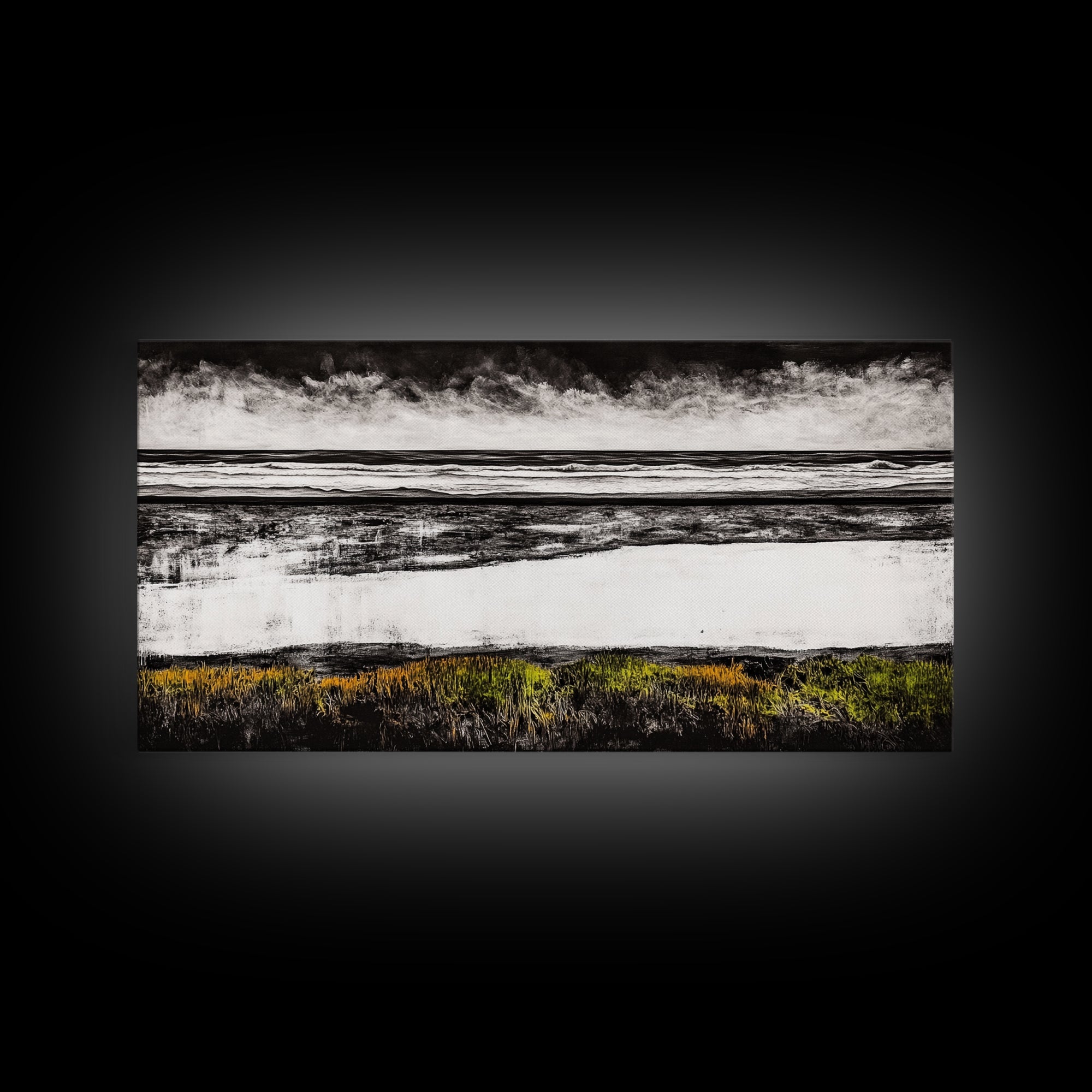 Coastal Horizon, Black and White Beach, Minimalist Seascape, Monochrome Art, Nature Inspired, Framed Canvas Print, Office Wall Decor