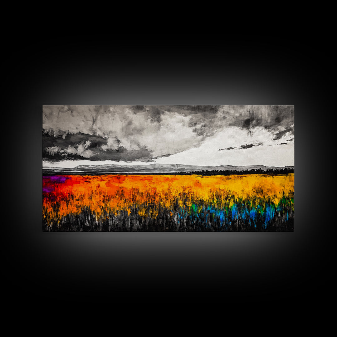 Autumn Meadow, Stormy Sky, Vibrant Fields, Framed Canvas Print, Fall Wall Art, Modern Landscape, Office Decor, Large Wall Art, Farmhouse
