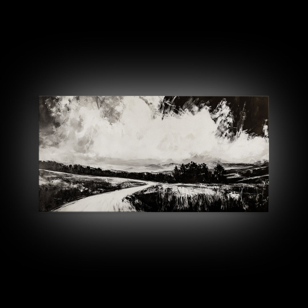 Country Road, Black and White, Minimalist, Framed Canvas Print, Rustic Landscape, Entryway Wall Art, Neutral Wall Decor, Farmhouse Style