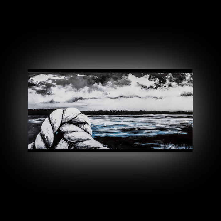 Nautical Art, Coastal Rope, Black and White, Framed Canvas Print, Beach House Decor, Minimalist Wall Art, Modern Ocean Painting