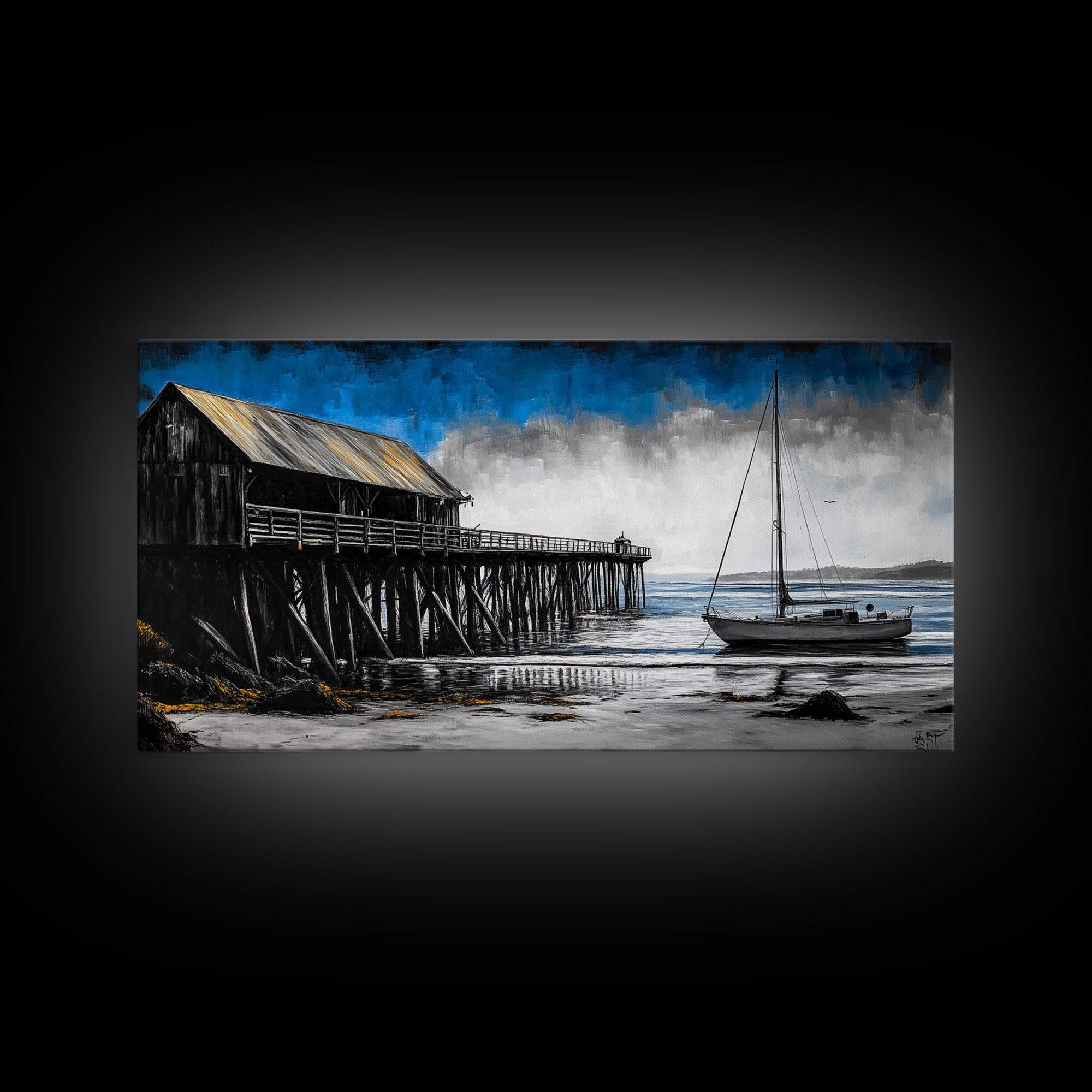 Pier and Boat, Seaside Wall Art, Coastal Landscape, Framed Canvas Print, Nautical Home Decor, Large Artwork, Ocean Painting