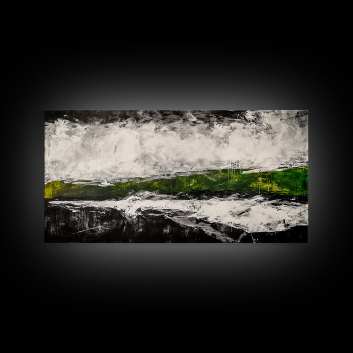 Abstract Expressionism, Black White Green, Dramatic Landscape, Framed Canvas Print, Modern Wall Art, Statement Artwork, Living Room Decor