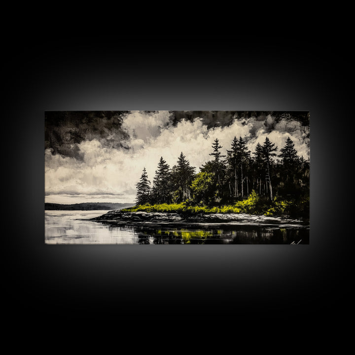 Island Escape, Black and White Landscape, Coastal Home Decor, Framed Canvas Print, Nature Wall Art, Cabin Living Art