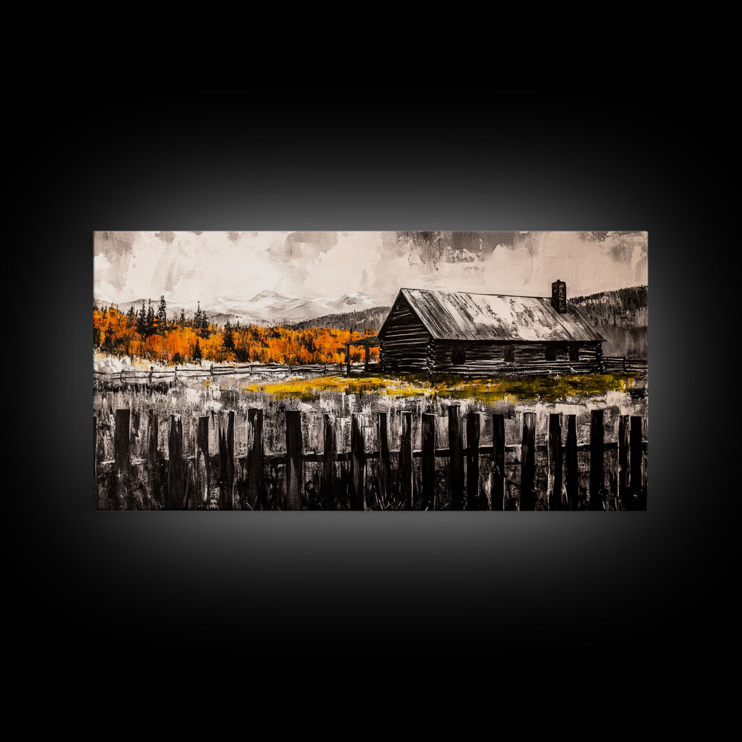 Rustic Cabin, Fall Foliage, Country Home Art, Canvas Print, Autumn Wall Decor, Farmhouse Wall Art, Cozy Living Room Art