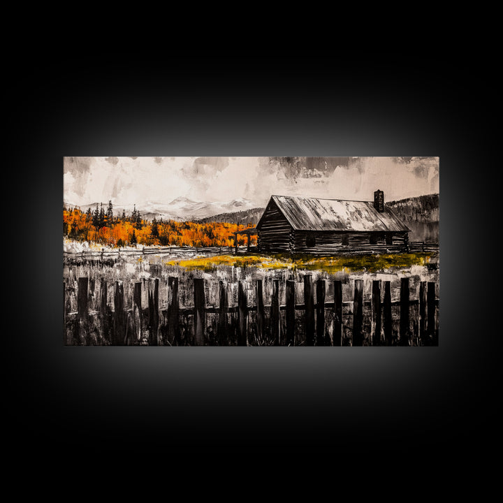 Rustic Cabin, Fall Foliage, Country Home Art, Canvas Print, Autumn Wall Decor, Farmhouse Wall Art, Cozy Living Room Art