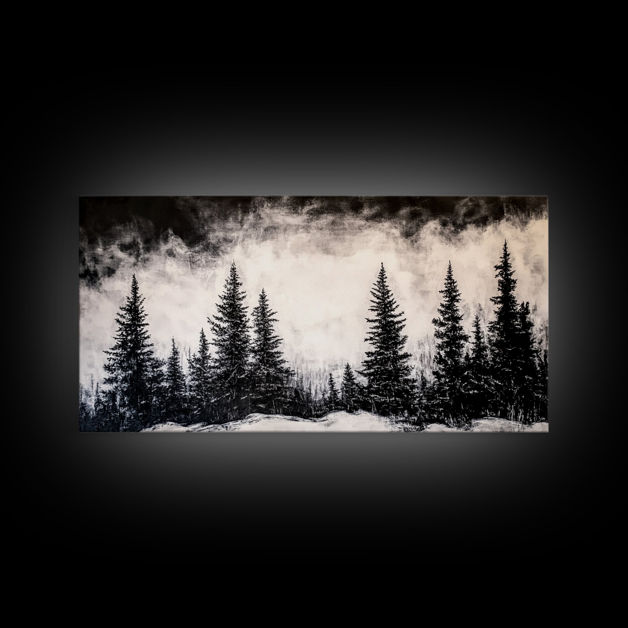 Pine Trees, Fog, Winter, Black and White, Framed Canvas Print, Mountain Art, Rustic Cabin Decor, Christmas Gift, Minimalist Home Wall Art