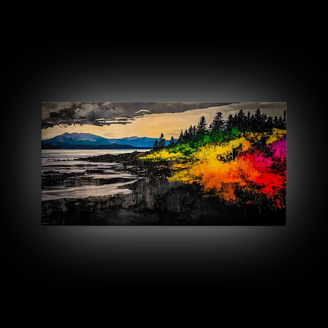Coastal Sunset, Vibrant Ocean Art, Framed Canvas Print, Modern Landscape Painting, Beach Wall Art, Large Wall Decor, Living Room Art