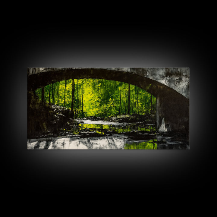 Forest Bridge, Green Nature Art, Canvas Print, Moody Landscape Painting, Rustic Wall Decor, Dark Green Art, Bedroom Wall Art