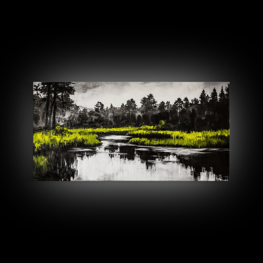 River Reflection, Minimalist Nature Art, Framed Canvas Print, Black and White Landscape, Modern Wall Decor, Office Wall Art