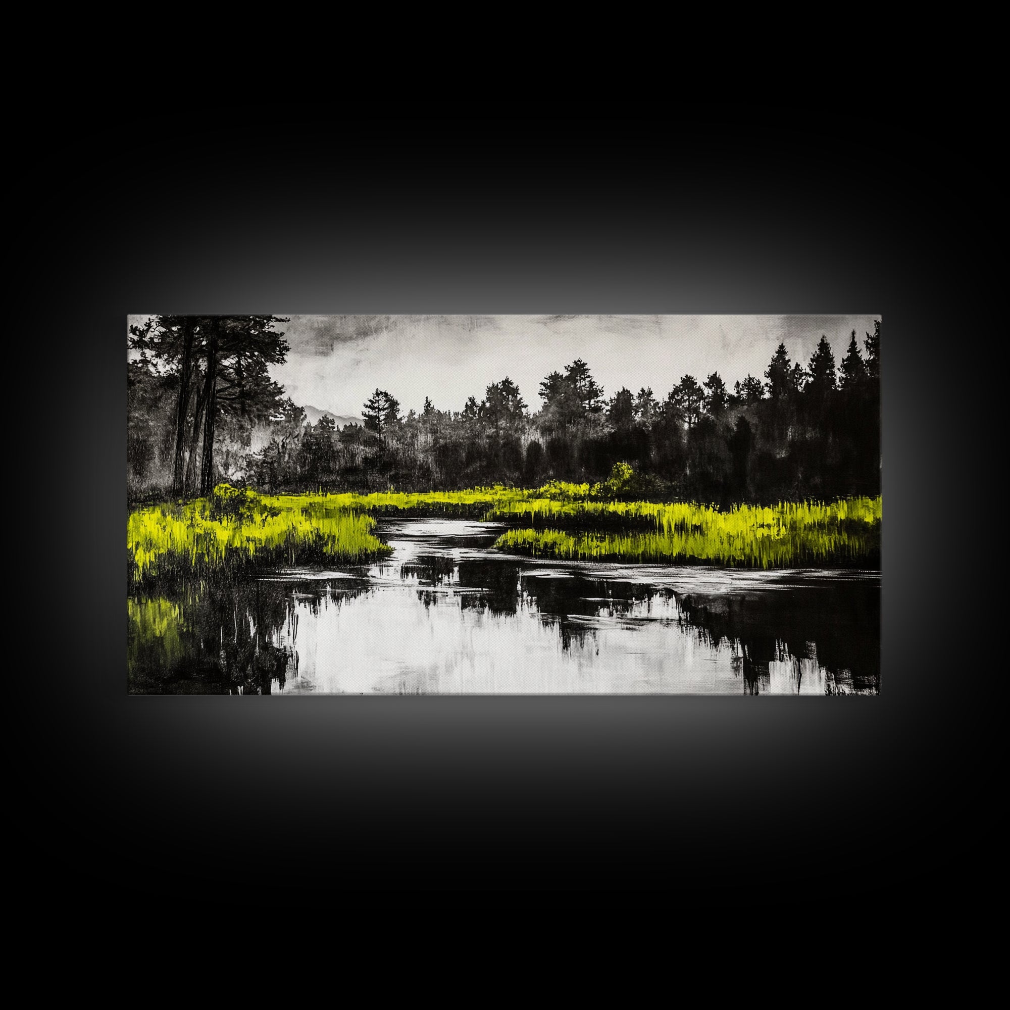 River Reflection, Minimalist Nature Art, Framed Canvas Print, Black and White Landscape, Modern Wall Decor, Office Wall Art