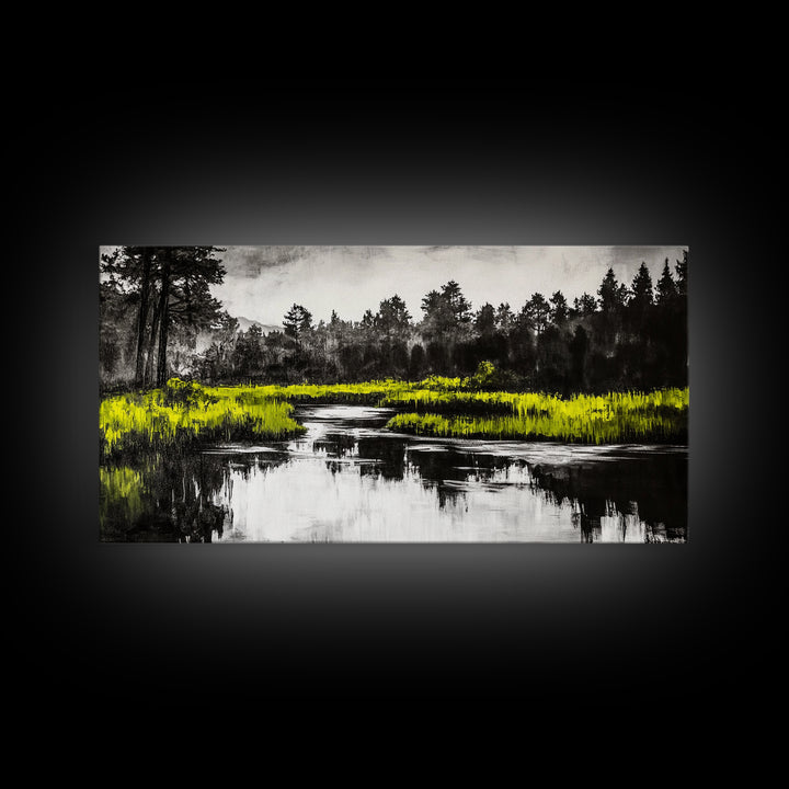 River Reflection, Minimalist Nature Art, Framed Canvas Print, Black and White Landscape, Modern Wall Decor, Office Wall Art