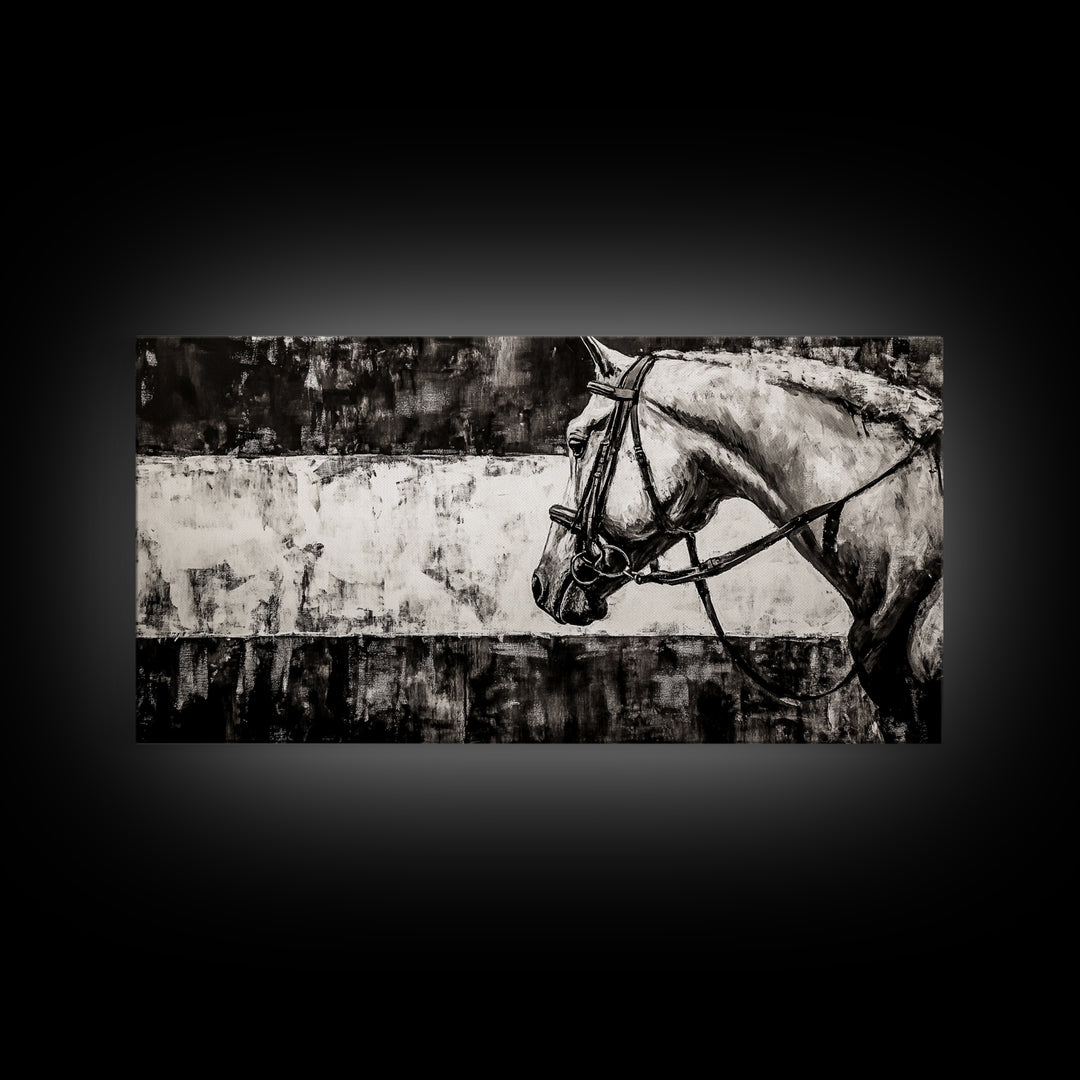 Monochrome Horse, Equestrian Wall Art, Canvas Print, Rustic Black and White Painting, Farmhouse Wall Decor, Western Wall Art