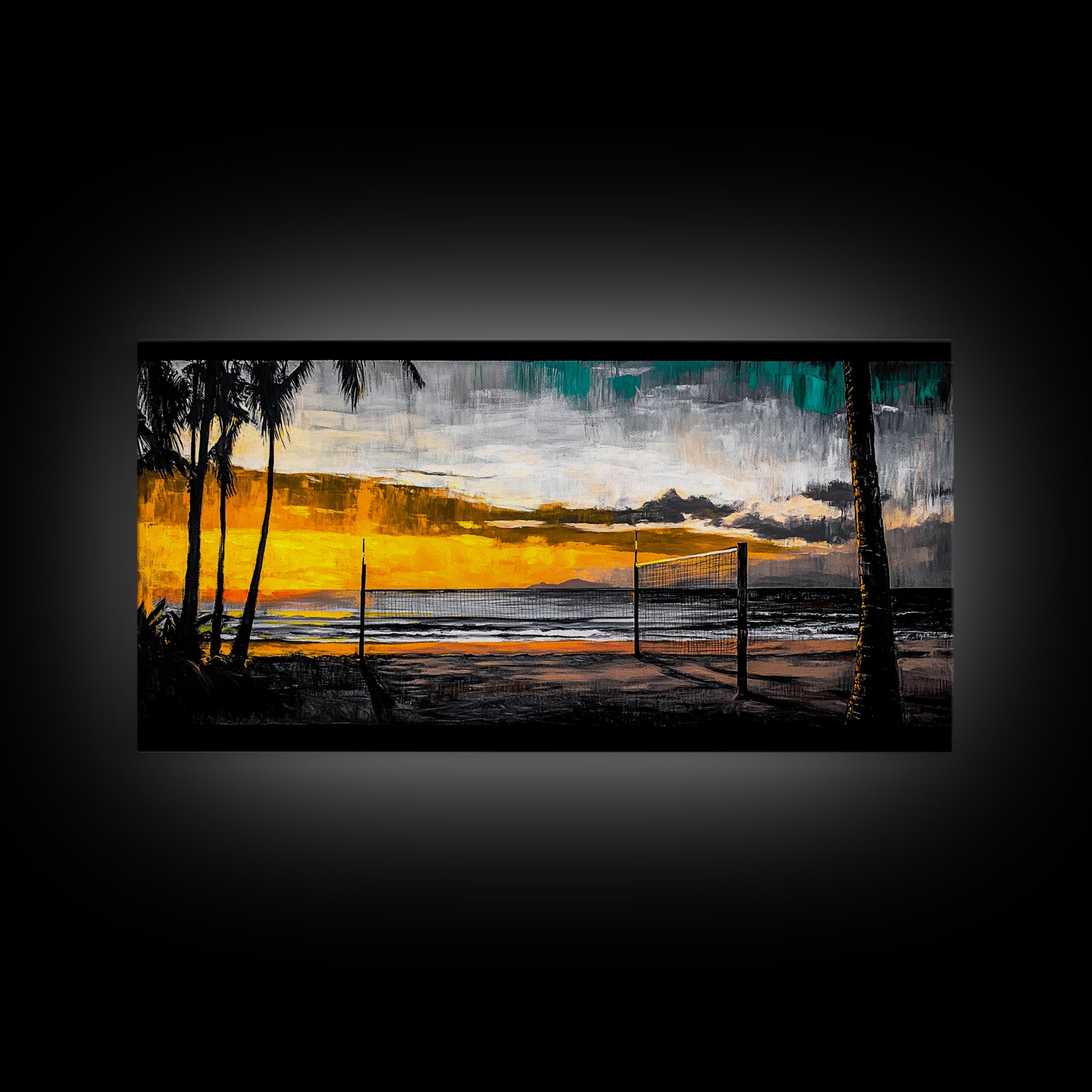 Beach Volleyball, Sunset Seascape, Warm Coastal Decor, Tropical Wall Art, Living Room Artwork, Golden Hour Beach Scene, Framed Canvas Print