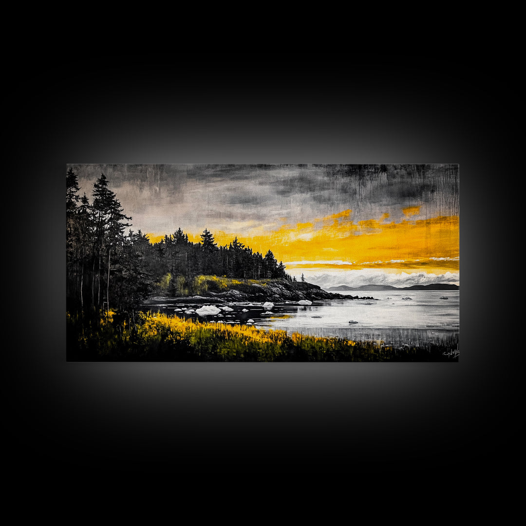 Coastal Landscape Print, Golden Sky Canvas Print, Dramatic Sunset Painting, Nature Wall Art, Living Room Artwork, Framed Canvas Print