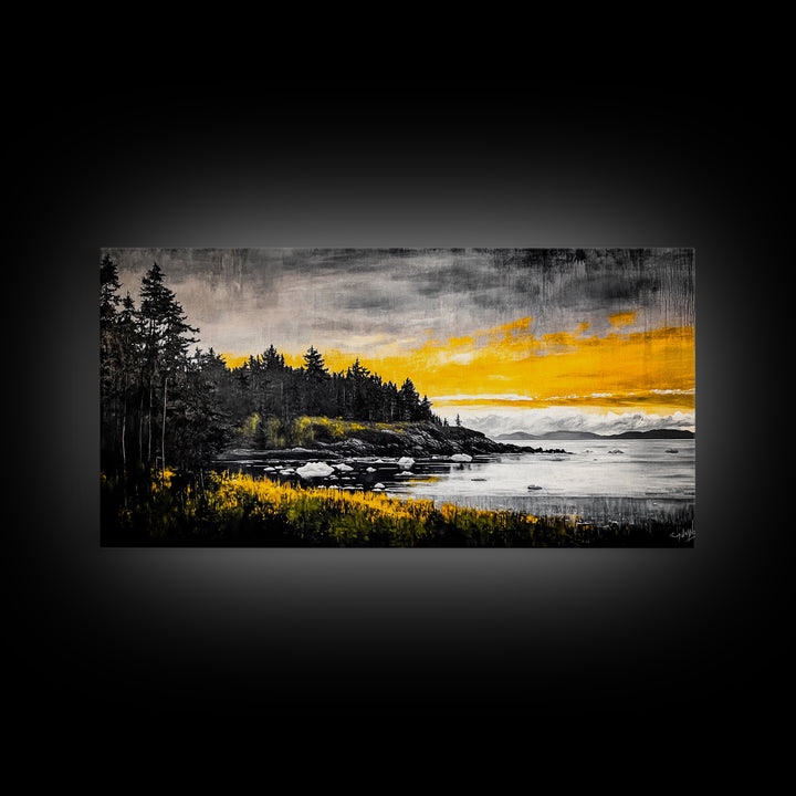 Coastal Landscape Print, Golden Sky Canvas Print, Dramatic Sunset Painting, Nature Wall Art, Living Room Artwork, Framed Canvas Print