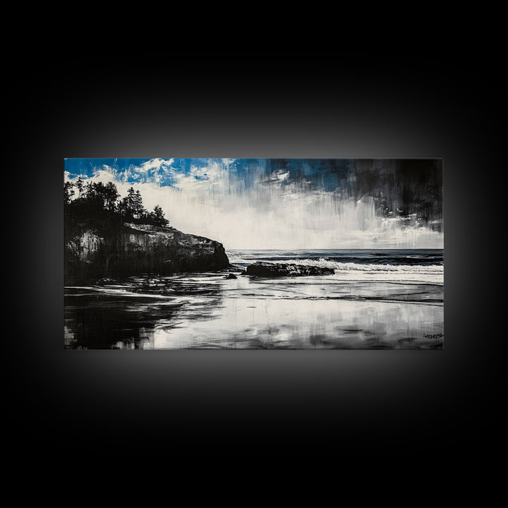 Dramatic Cliffside Painting, Ocean Wave Canvas Print, Monochrome Seascape Art, Moody Wall Decor, Coastal Artwork, Framed Canvas Print