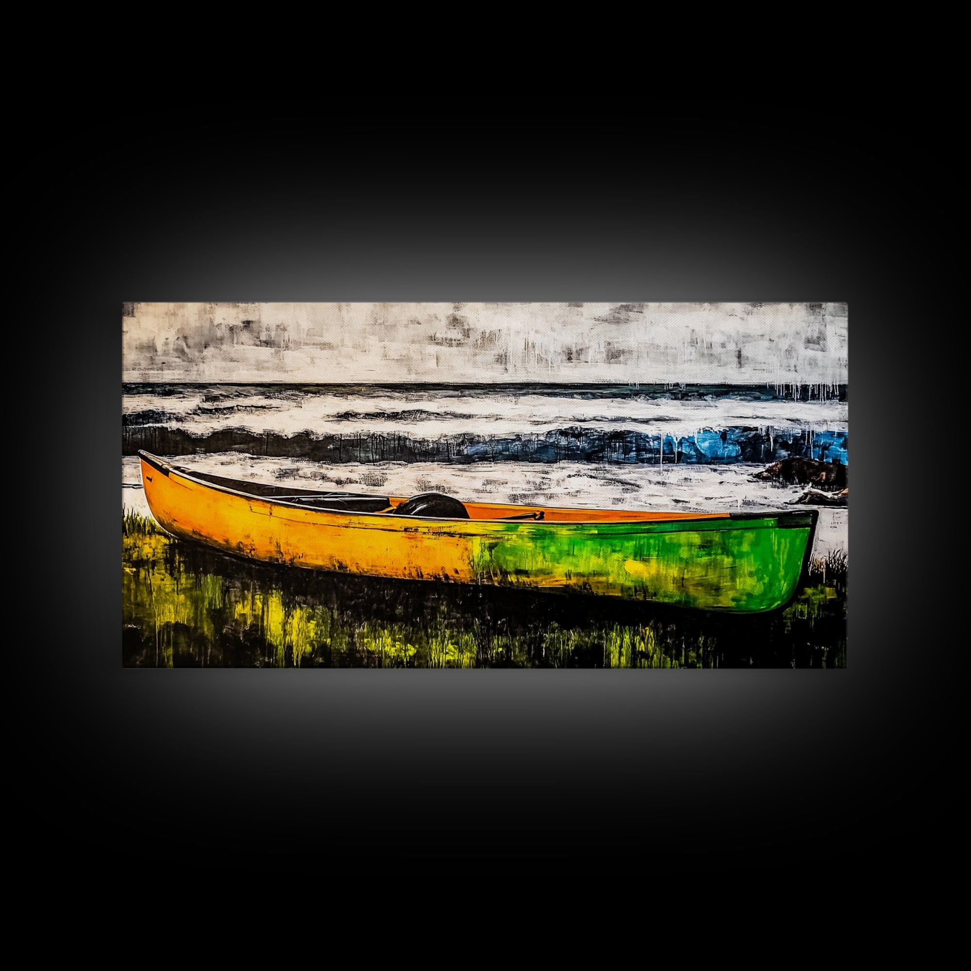 Canoe on the Shore, Rustic Nature Canvas Print, Lake House Wall Art, Autumn Painting, Outdoors Inspired Decor, Framed Canvas Print