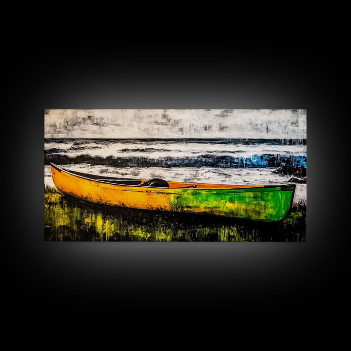 Canoe on the Shore, Rustic Nature Canvas Print, Lake House Wall Art, Autumn Painting, Outdoors Inspired Decor, Framed Canvas Print