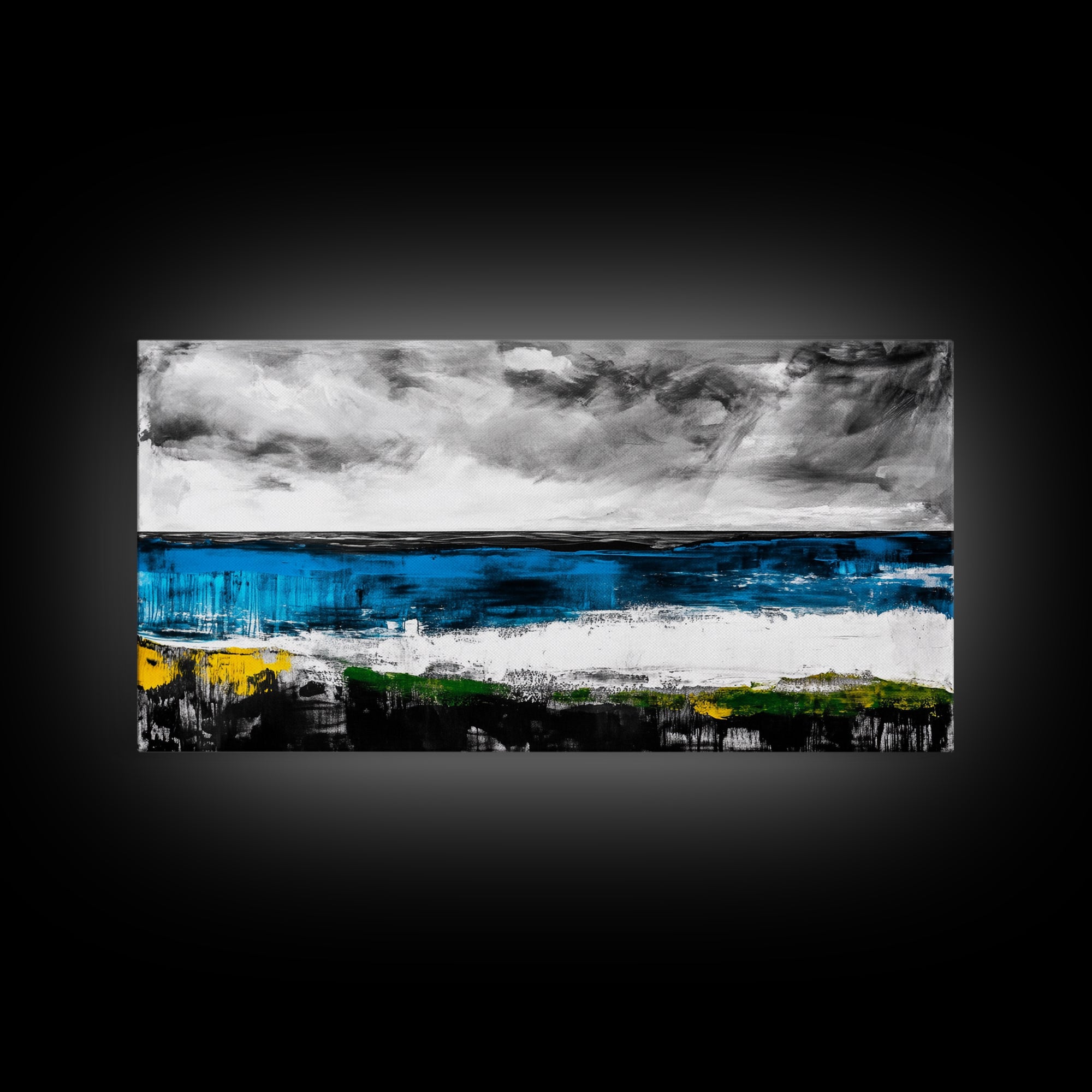 Abstract Coastal Art, Blue and Yellow Canvas Print, Modern Seascape Wall Decor, Ocean Painting, Living Room Artwork, Framed Canvas Print