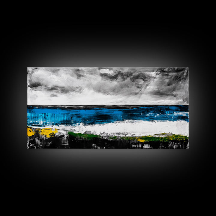 Abstract Coastal Art, Blue and Yellow Canvas Print, Modern Seascape Wall Decor, Ocean Painting, Living Room Artwork, Framed Canvas Print