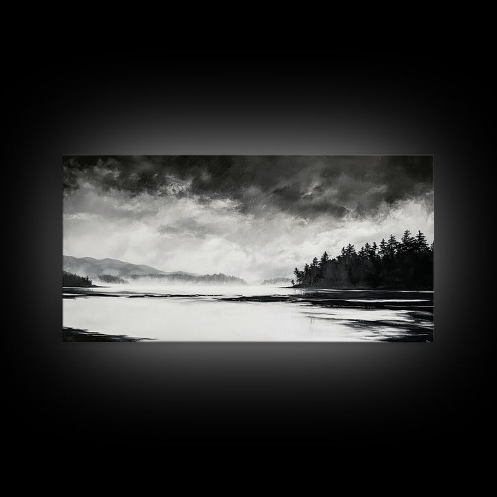 Monochrome Landscape Art, Misty Lake Canvas Print, Nature Wall Decor, Black and White Painting, Living Room Artwork, Framed Canvas Print