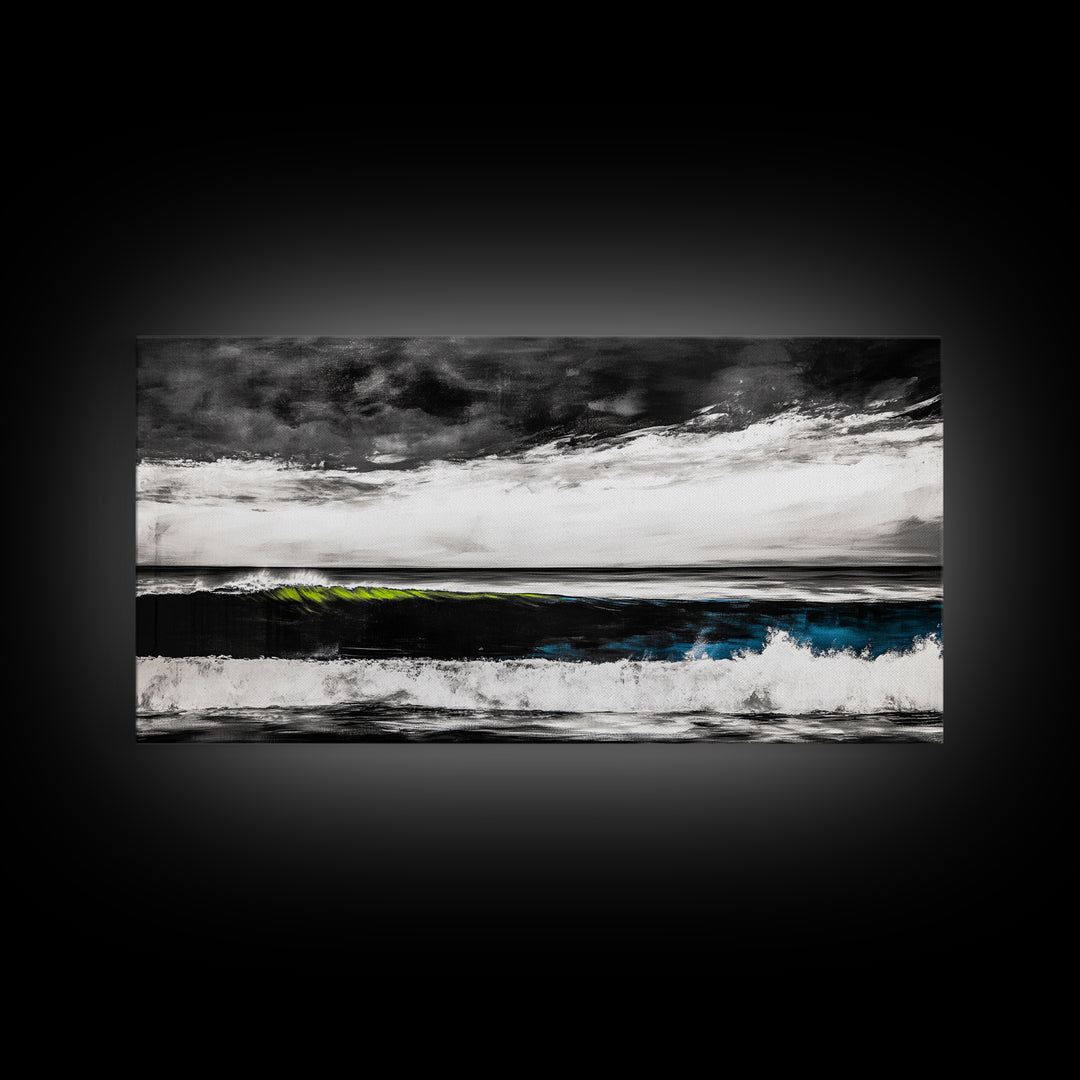Ocean Wave Painting, Black and White Print, Modern Coastal Wall Decor, Seascape Art, Nautical Home Aesthetic, Framed Canvas Print
