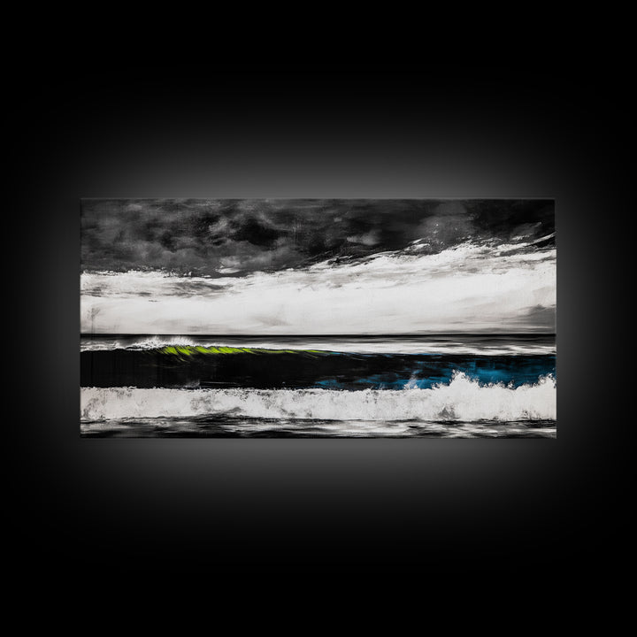 Ocean Wave Painting, Black and White Print, Modern Coastal Wall Decor, Seascape Art, Nautical Home Aesthetic, Framed Canvas Print