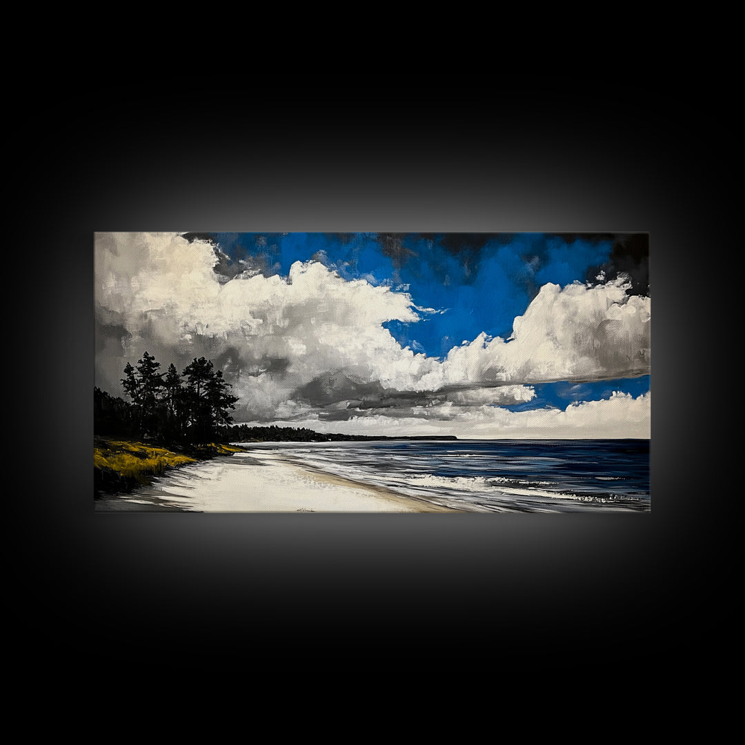 Dramatic Beach Scene, Blue Sky Canvas Print, Coastal Landscape Painting, Nature Wall Decor, Living Room Artwork, Framed Canvas Print