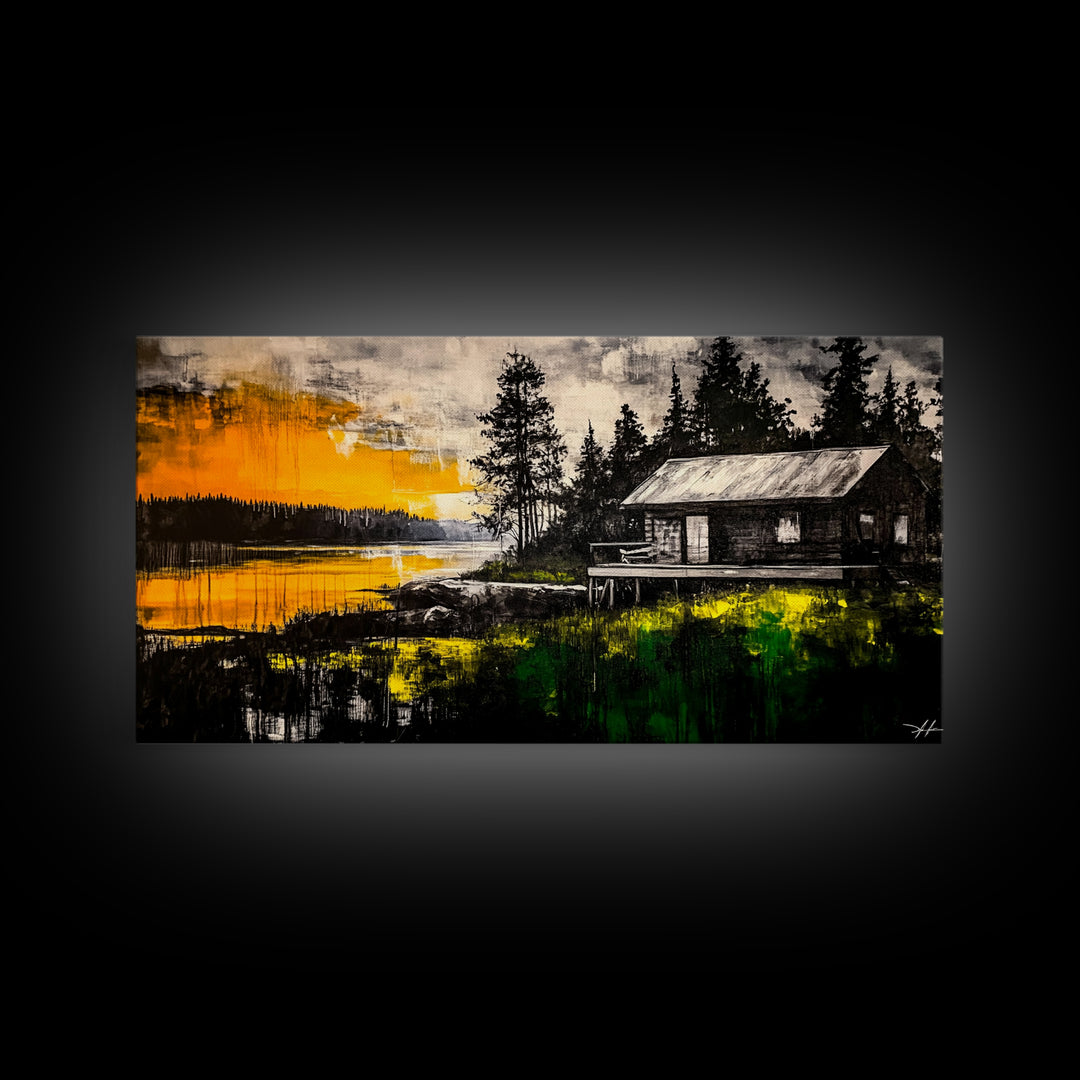 Rustic Cabin Art, Golden Sunset Canvas Print, Autumn Landscape Painting, Nature Wall Decor, Cozy Home Aesthetic, Framed Canvas Print