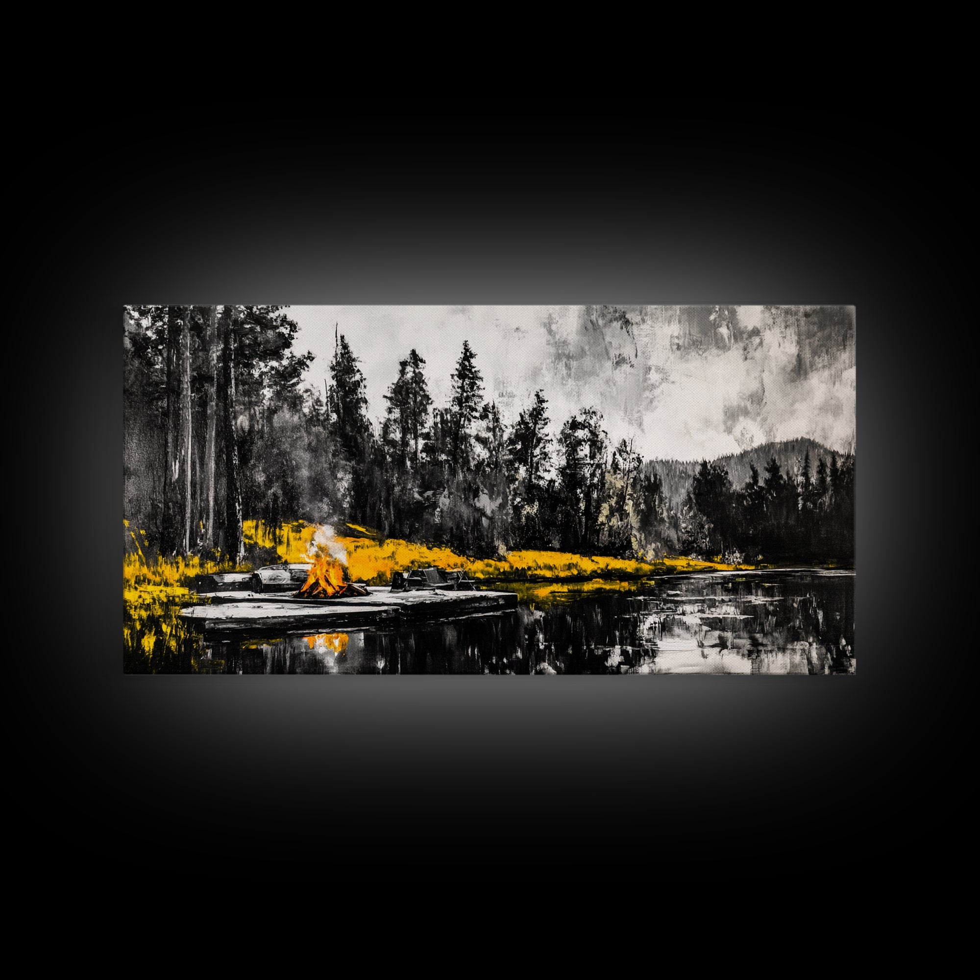 Campfire Forest Painting, Black and White Canvas Print, Nature Wall Decor, Cozy Cabin Artwork, Autumn Inspired Art, Framed Canvas Print