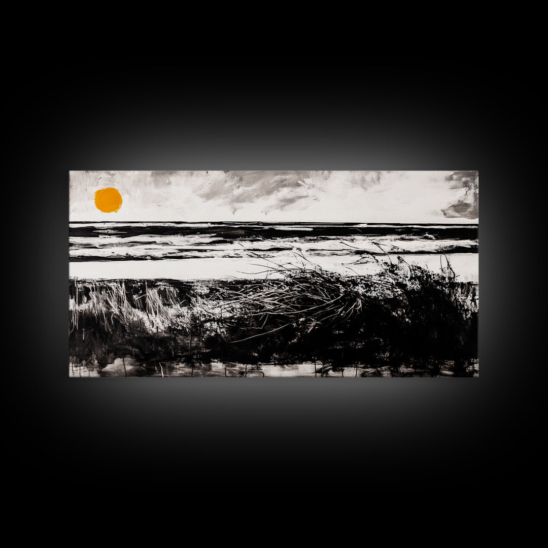 Coastal, Minimalist, Black and White, Framed Canvas Print, Ocean Sunset Wall Art, Beach House Decor, Nautical Artwork, Serene Seascape