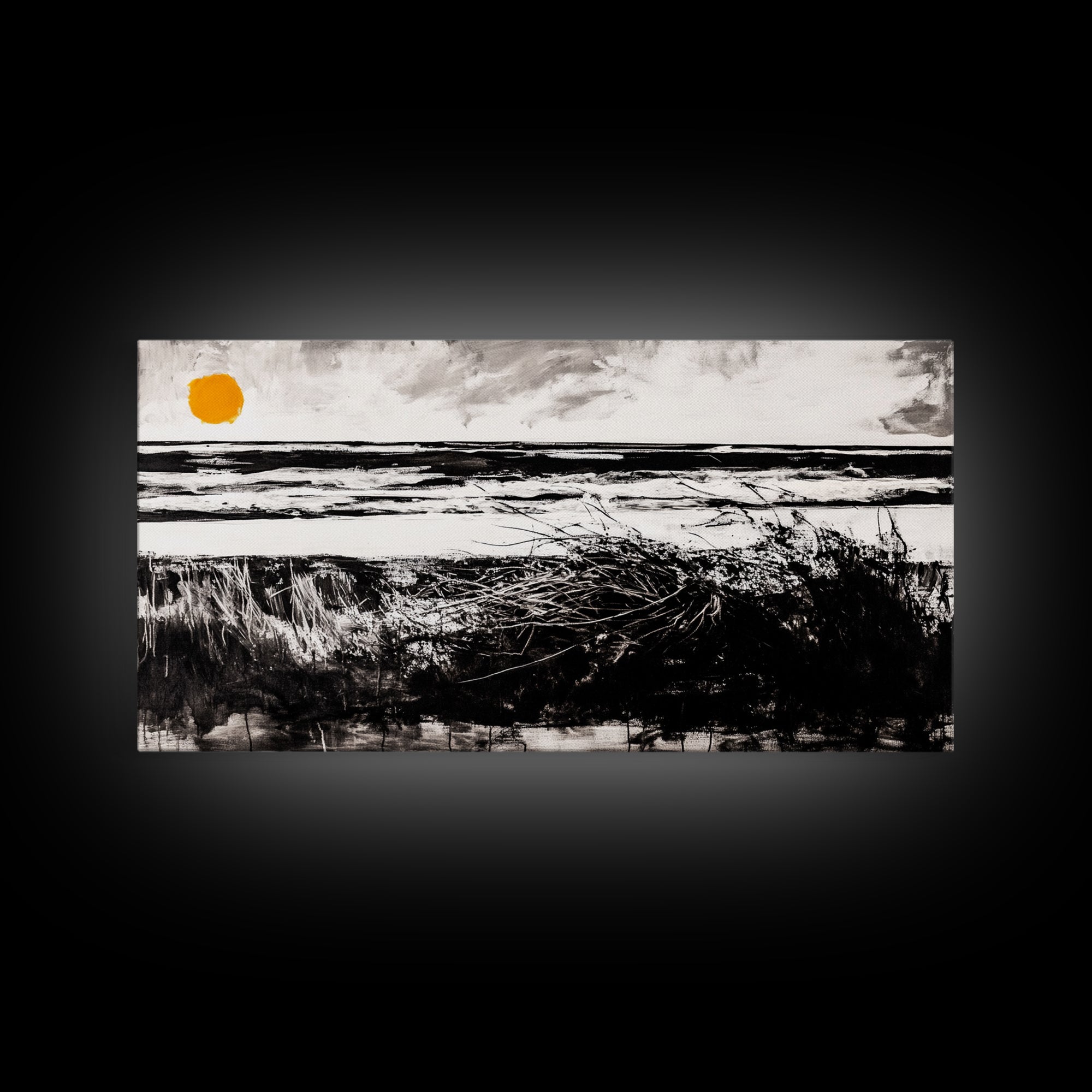 Coastal, Minimalist, Black and White, Framed Canvas Print, Ocean Sunset Wall Art, Beach House Decor, Nautical Artwork, Serene Seascape