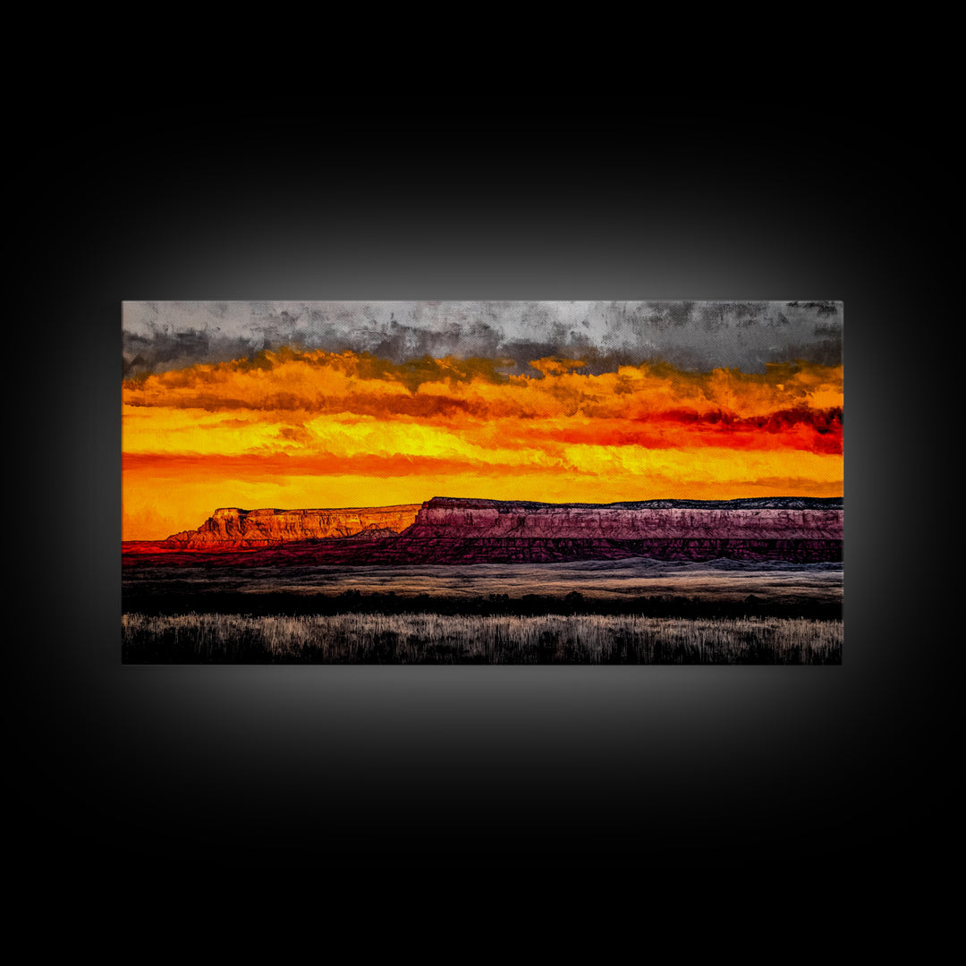 Desert, Sunset, Southwest, Framed Canvas Print, Bold Canyon Painting, Warm Earth Tones Wall Art, Western Home Decor, Scenic Landscape