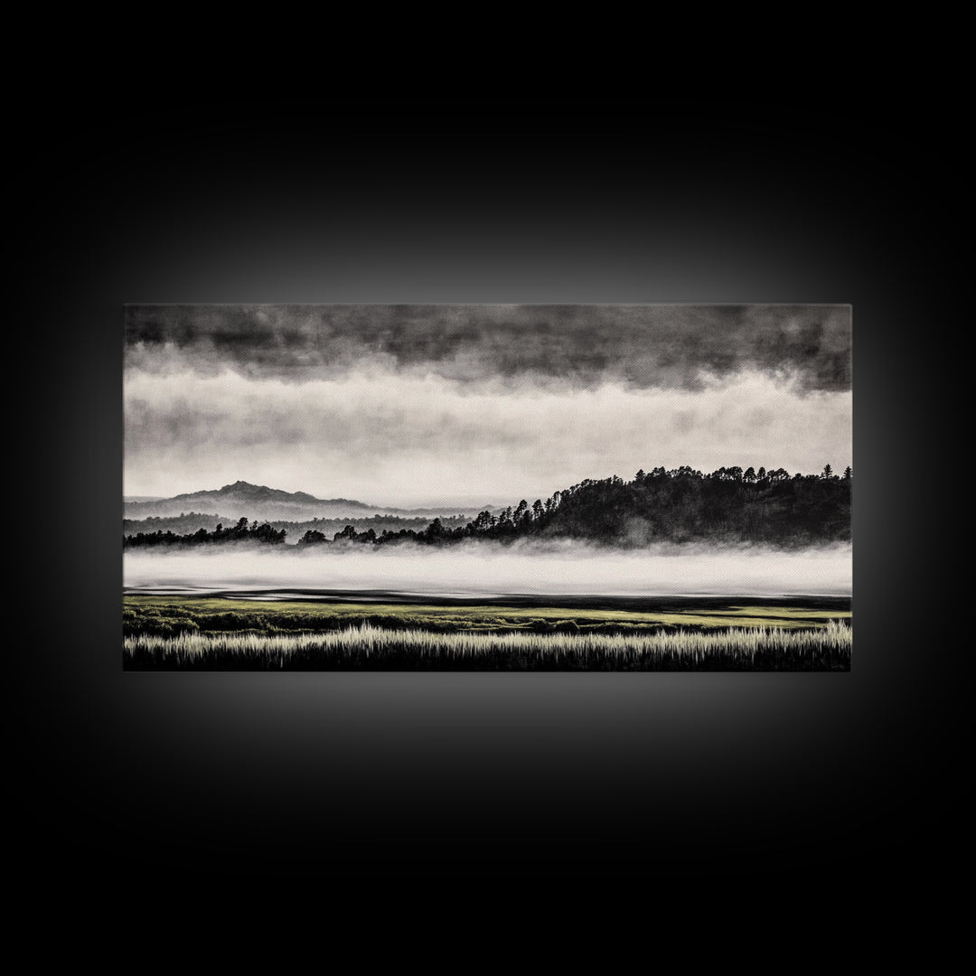 Misty Mountains, Black and White Art, Foggy Landscape, Canvas Print, Nature Wall Art, Minimalist Artwork, Bedroom Wall Decor