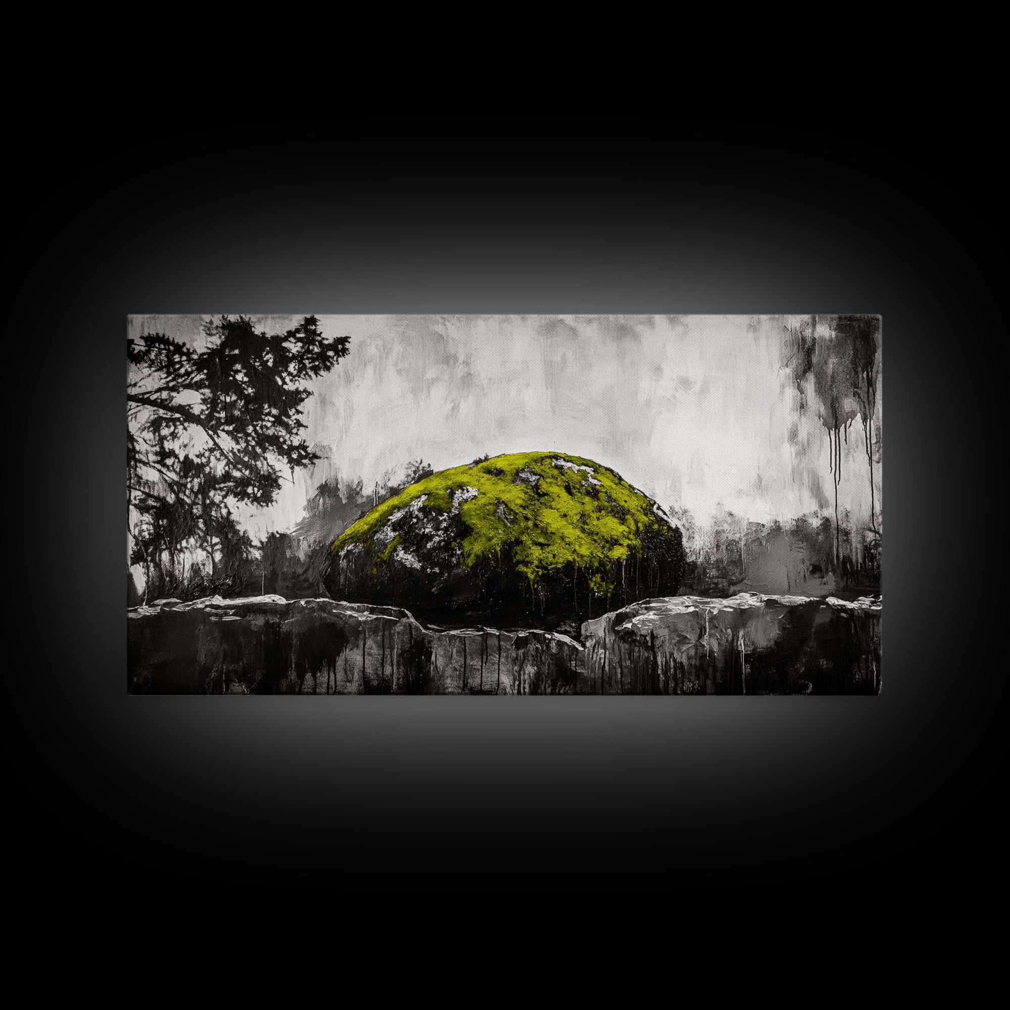 Mossy Rock, Abstract Nature, Green and Black Art, Canvas Print, Rustic Wall Decor, Boho Artwork, Modern Farmhouse Decor