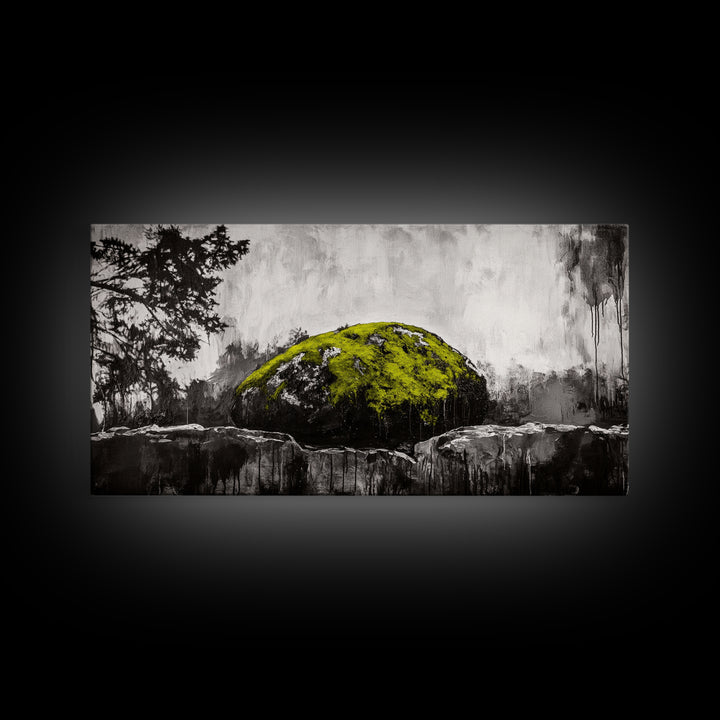 Mossy Rock, Abstract Nature, Green and Black Art, Canvas Print, Rustic Wall Decor, Boho Artwork, Modern Farmhouse Decor
